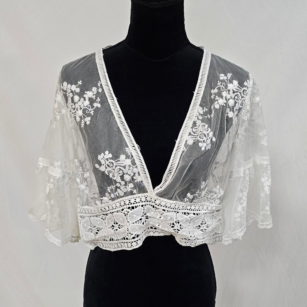 Women L ethereal Coquette‎ bell Festival Rave crop sheer lace embroidered blouse